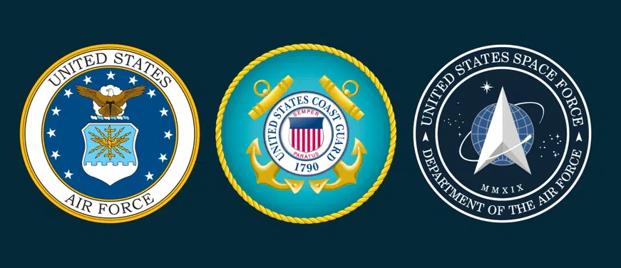Military branch seals for the United States Air Force, Coast Guard, and Space Force on Southern Style Dental website.