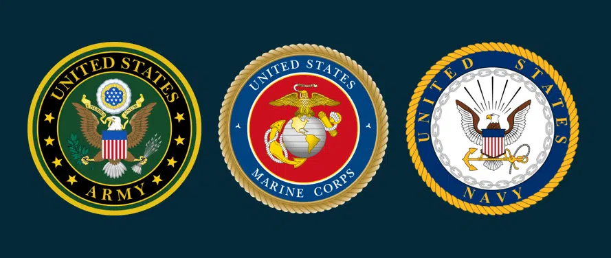 Emblems of the United States Army, Marine Corps, and Navy displayed on Southern Style Dental website.