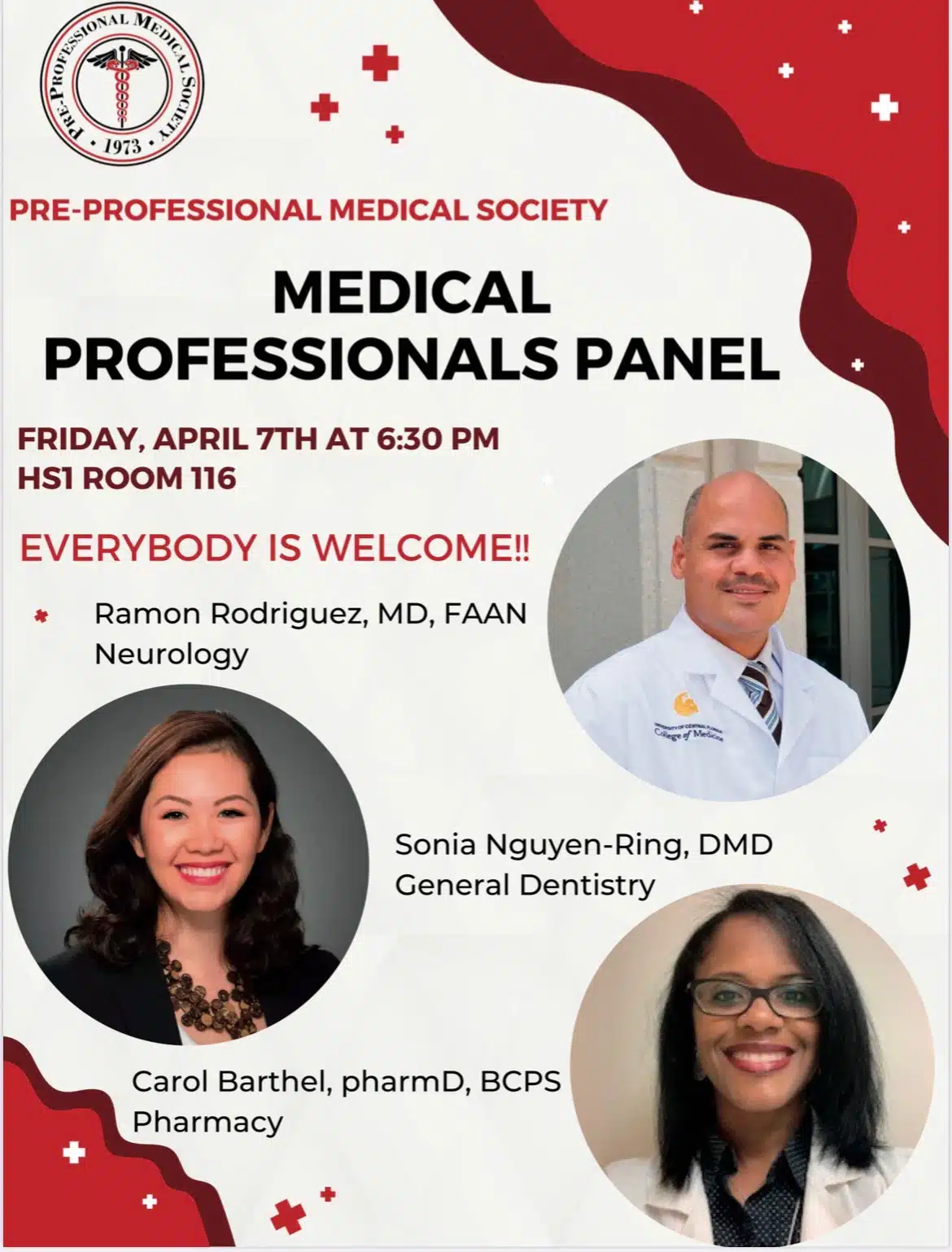 Medical Professionals Panel by the Pre-Professional Medical Society featuring experts in neurology, dentistry, and pharmacy.