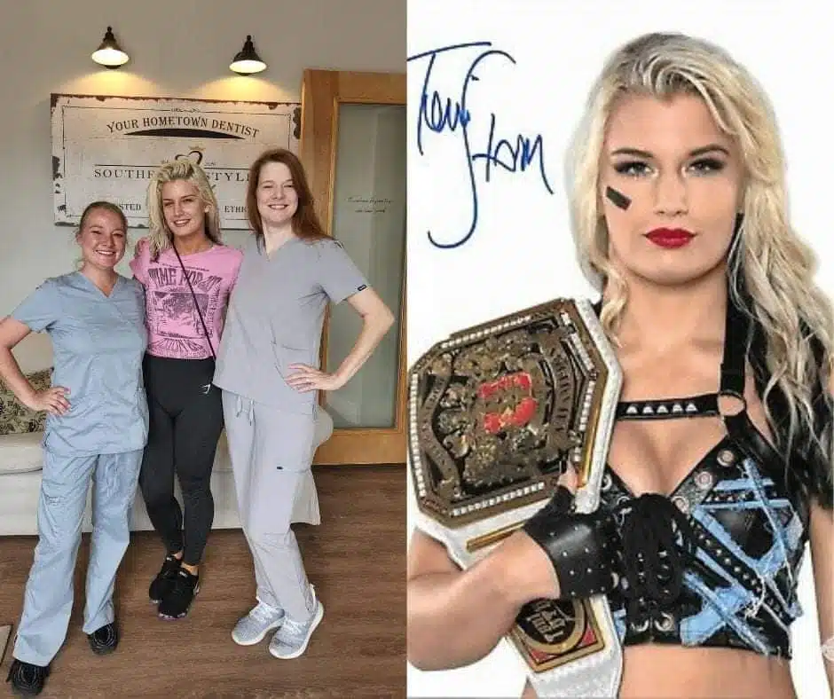 Southern Style Dental team with a patient, alongside an image of a wrestling champion holding a title belt.