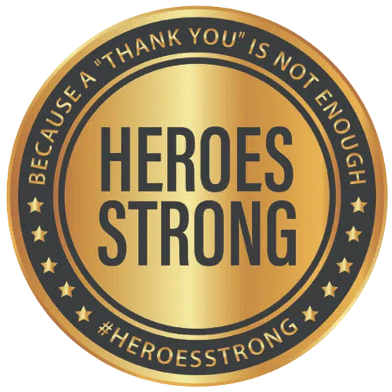 Gold badge with Heroes Strong and #HeroesStrong text, expressing gratitude. Located at Southern Style Dental website.