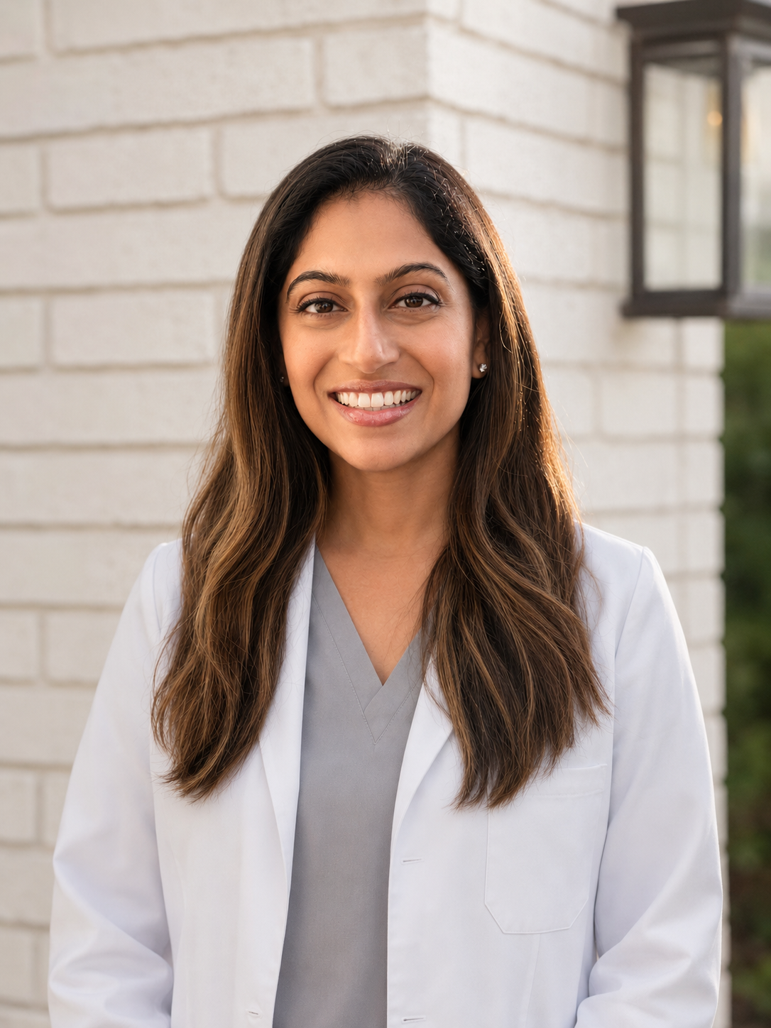 Smiling healthcare professional in white coat outdoors