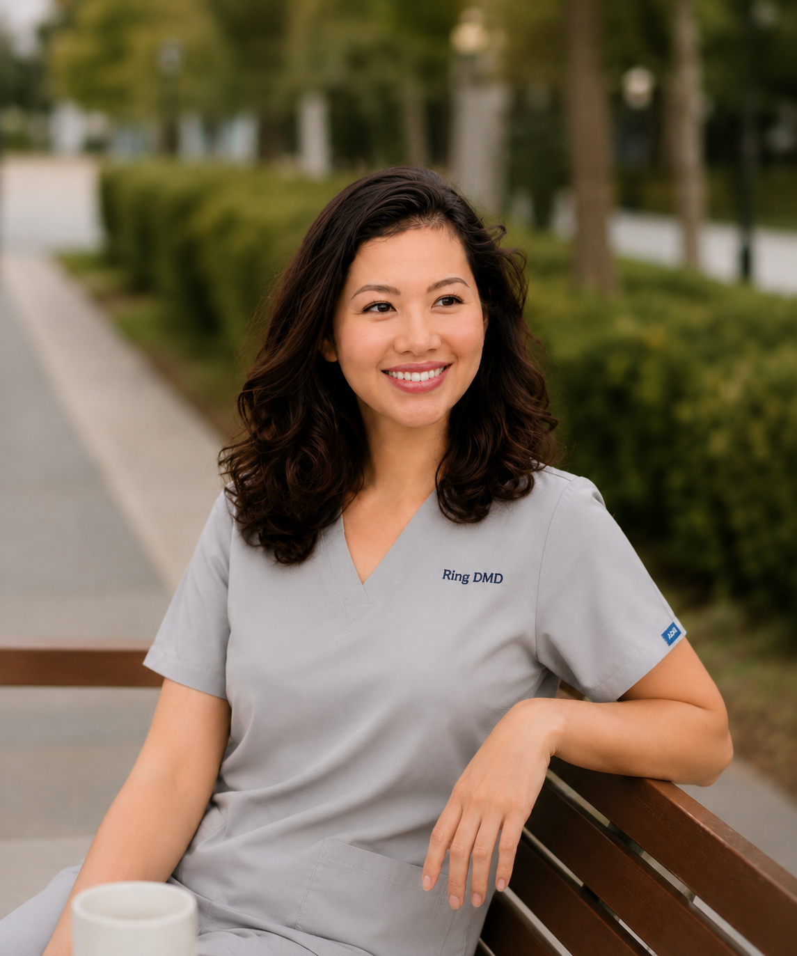 Smiling dentist in gray scrubs sitting outdoors