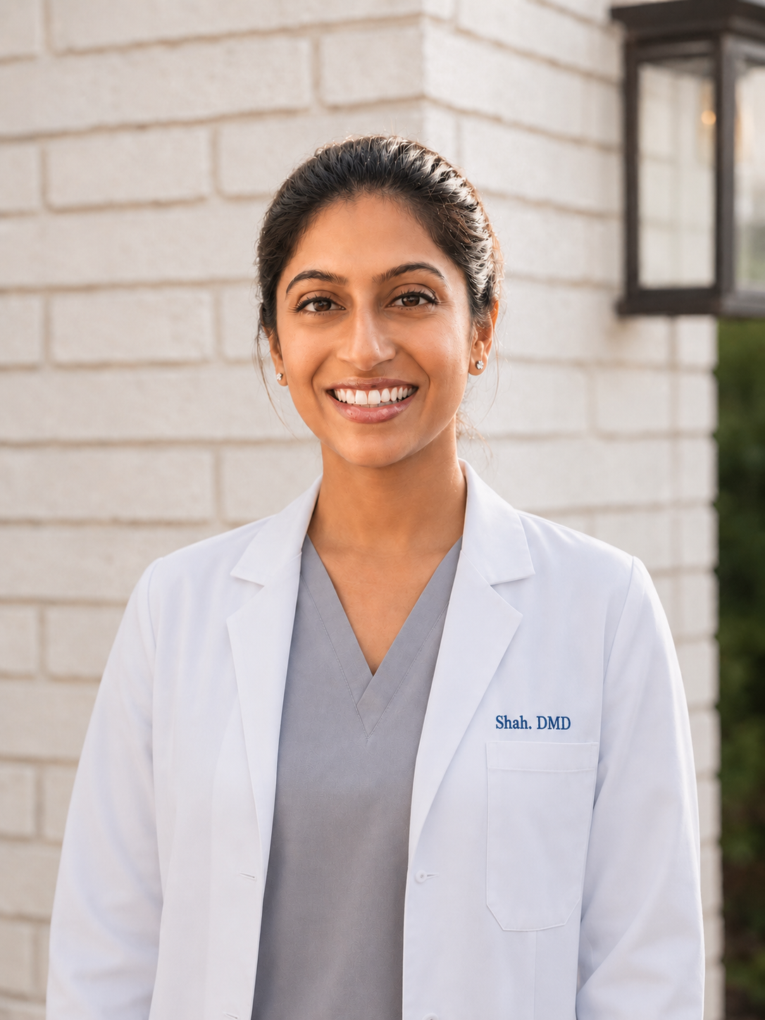 Smiling female dentist in white coat outdoors